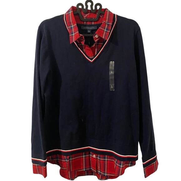 Tommy Hilfiger Layered Navy Sweater / Red Plaid Flannel Size Large - Picture 1 of 8